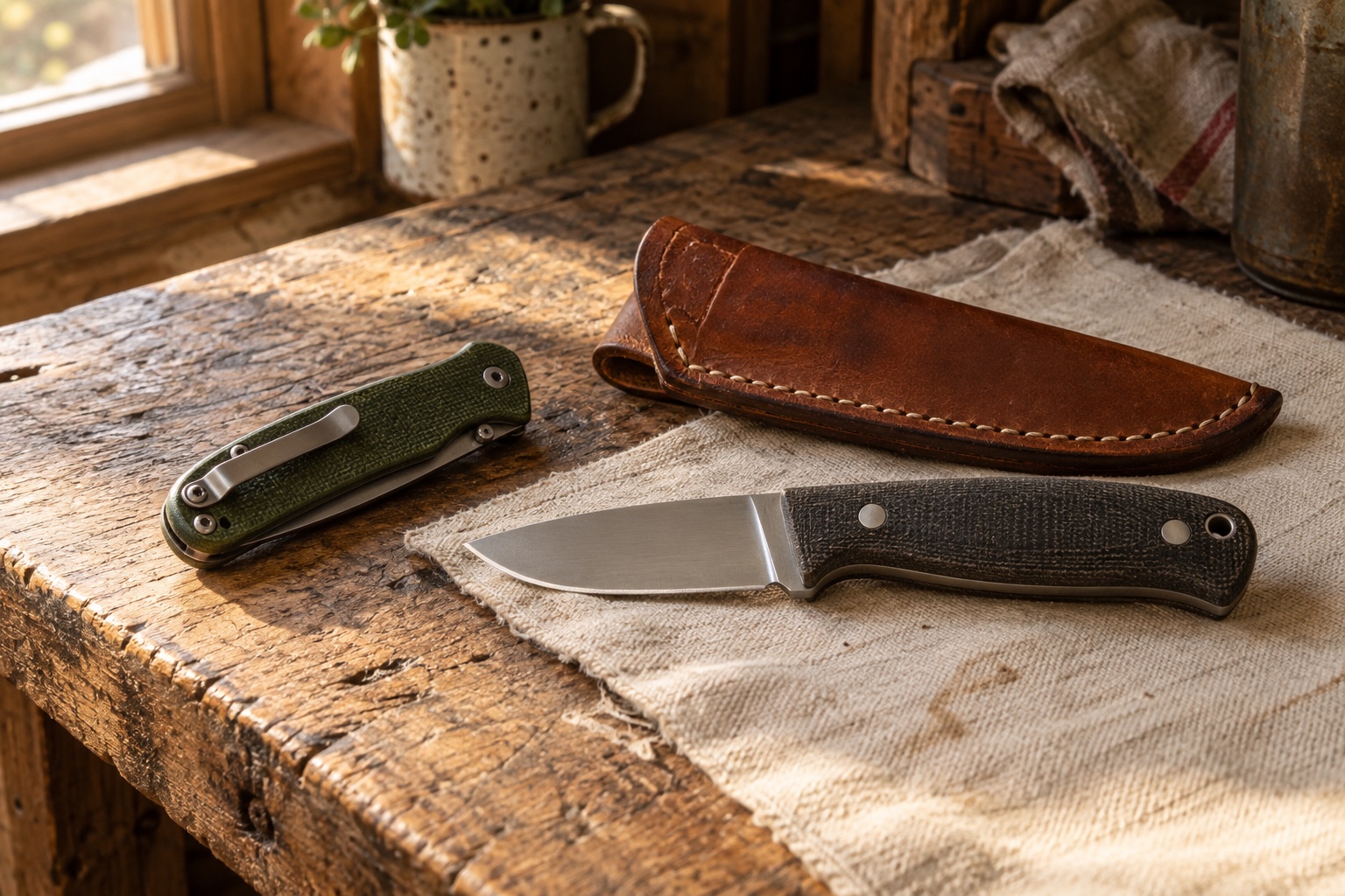 A closed green folding pocketknife and a modest fixed utility knife beside a stitched brown leather sheath on an oak bench.