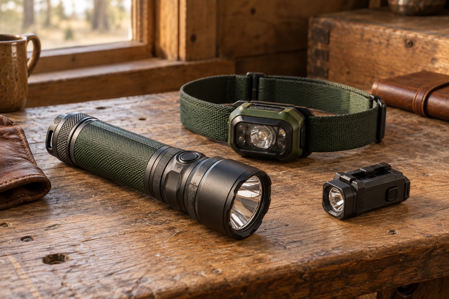 A rugged handheld flashlight, a headlamp with a woven green strap, and a compact unattached mounting light on a wooden workbench.