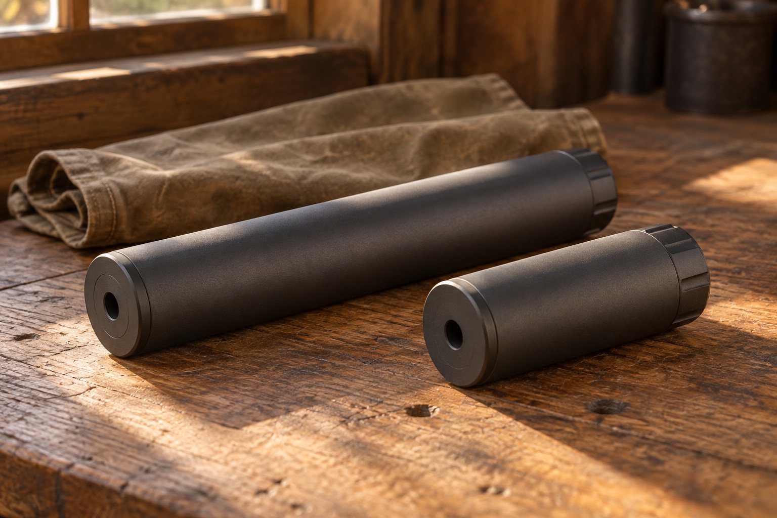 Two assembled graphite-colored suppressors, shown from the exterior, resting on oak beside folded canvas.