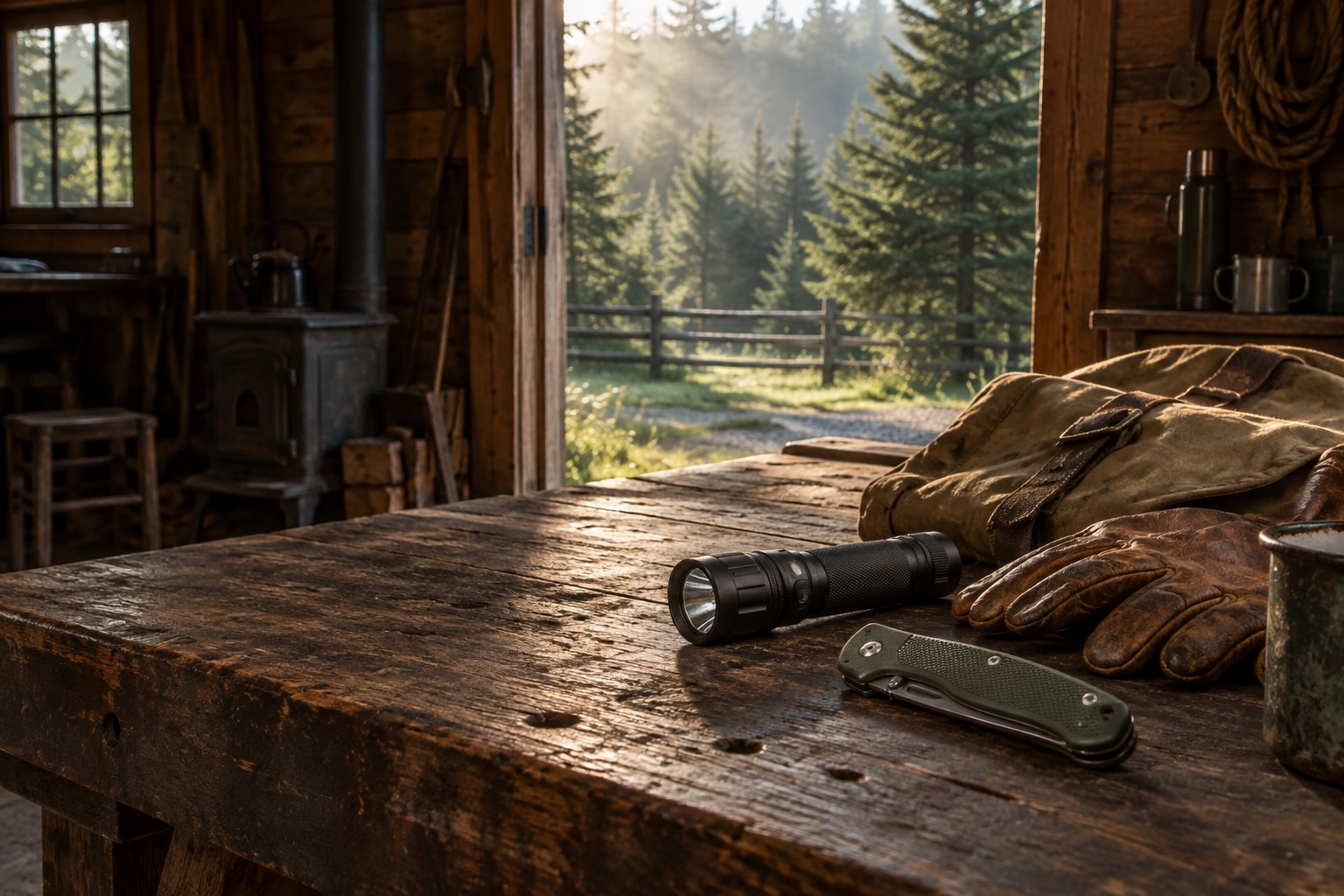 Fine everyday tools, leather gloves and waxed canvas on a worn cabin workbench, with evergreen woods beyond the doorway.
